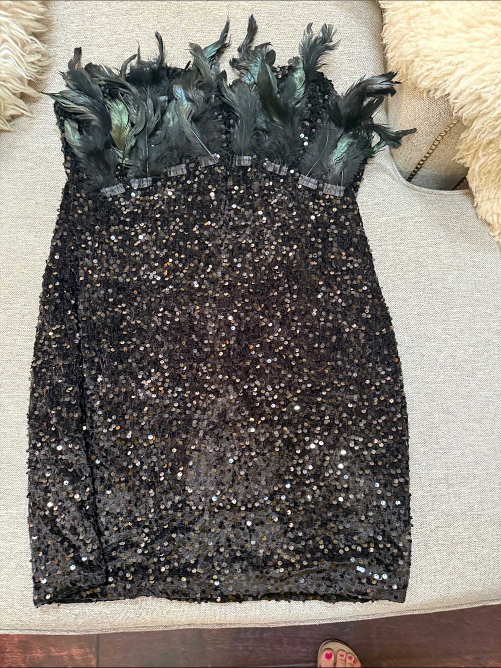 Black Sequin Feather Strapless Mini Dress